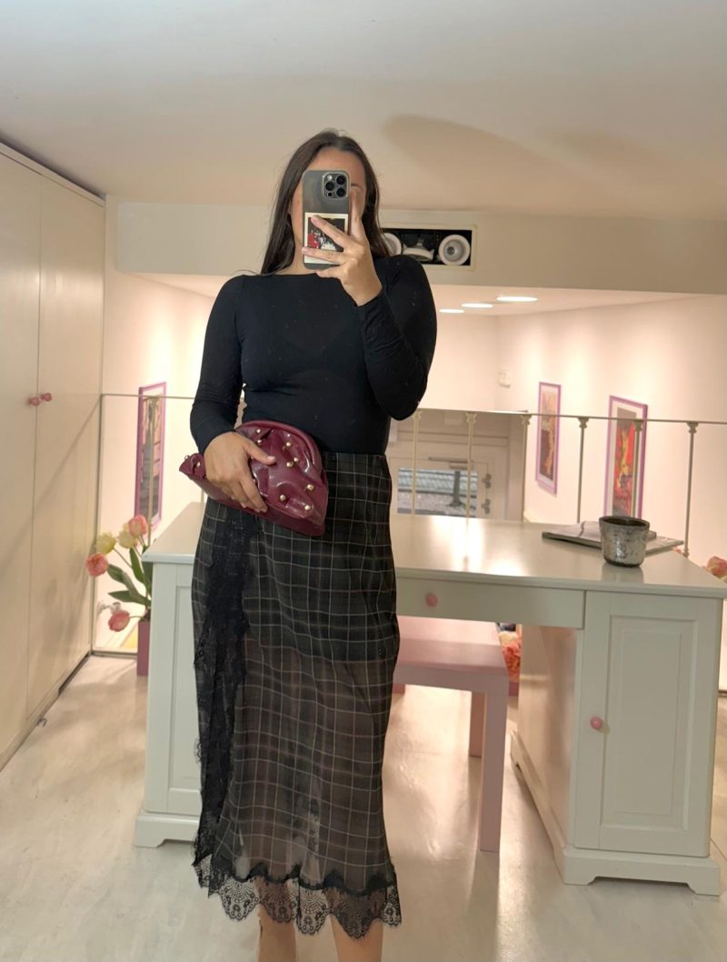 GONNA LONGUETTE TARTAN E PIZZO